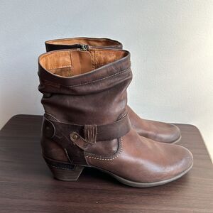 Pikolinos Brown Leather Heeled Harness Boots Sz 41